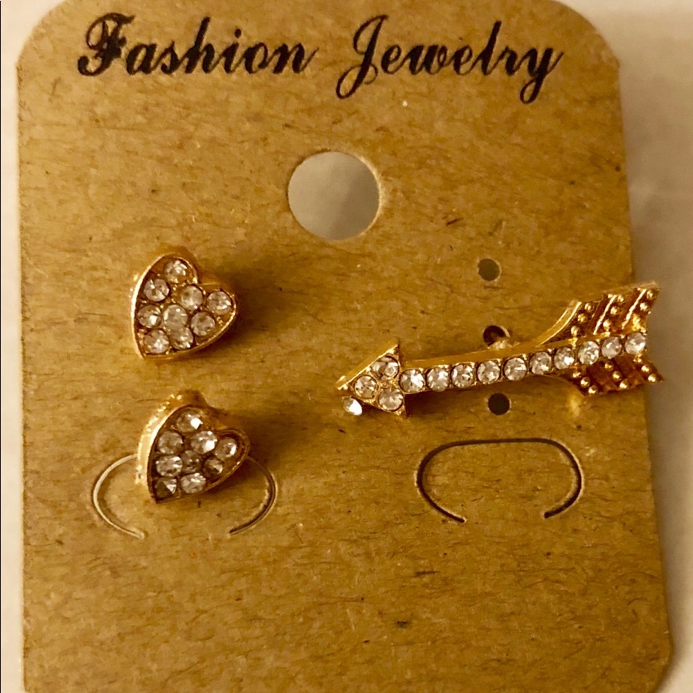 GOLD TONE CRYSTAL ARROW HEART EARRINGS SET of 3